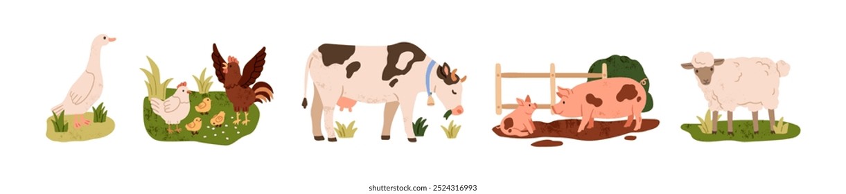 Animais de criação engatados. Ganso, galinha, galinha e galo, vaca leiteira, porco na lama, ovelha no campo. Aves domésticas e gado no país. Ilustração de vetor plano isolada no plano de fundo branco