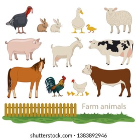 Farm animals set. Group livestock and poultry. Vector illustration on white backround.