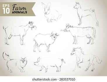Farm animals set. Hand drawing vector illustration