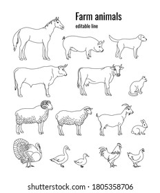 Farm animals set of horse, pig, dog, bull, cow, cat, ram, sheep, goat, rabbit, turkey, goose, duck, rooster, chicken. Editable line. Vector illustration