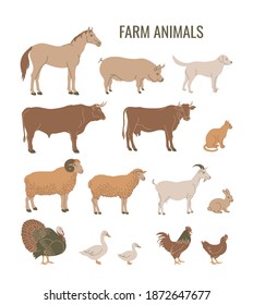 Farm Animals Set Of Horse, Pig, Dog, Bull, Cow, Cat, Ram, Sheep, Goat, Rabbit, Turkey, Goose, Duck, Rooster, Chicken. Colored Flat Style. Vector Illustration