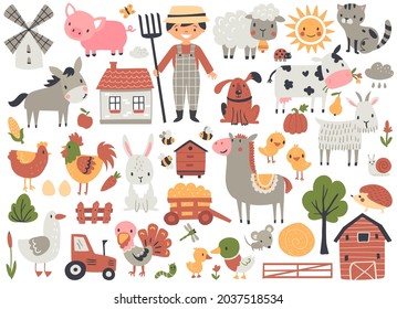 Farm animals set with horse, pig, sheep, donkey, 