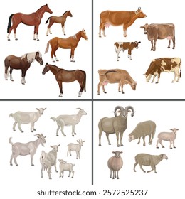 Farm animals set. Horses, cows, goats and sheep. Vector illustrations isolated on a white background