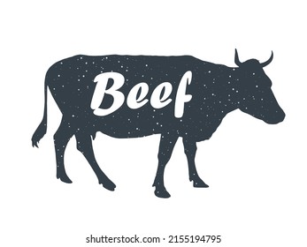 Animales de granja. Silhouette de vaca aislada y palabras Vaca, Granja. Diseño gráfico creativo con letras Vaca para carnicería, mercado agrícola. Afiche para el tema de los animales. Ilustración vectorial