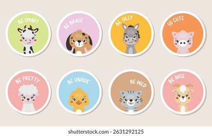 Farm animals set isolated, cute animals, kids stickers, cartoon, for kids