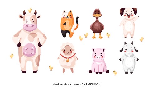 Farm animals set isolated. Funny cartoon characters for kids. Cow, cat, dog, goat, pig, sheep, duck, duckling, chick. Vector illustration. Flat eps10. Domestic animals, pets.