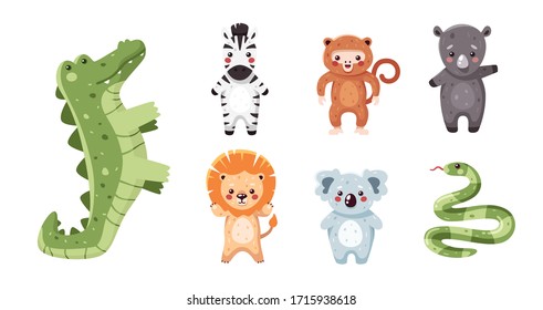 Farm animals set isolated. Funny cartoon characters for kids. Crocodile, monkey, zebra, rhino, lion, koala, snake. Vector illustration. Flat eps10. Domestic animals, pets.