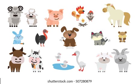 Farm animals set. Isolated home animals on white background as dog, cat, goat, ram, horse and others.