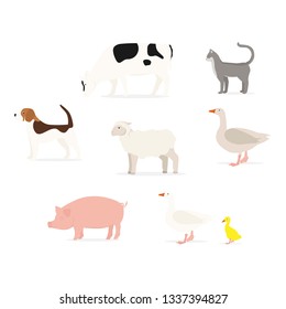 Farm animals set isolated on white background. Cute cartoon animals collection: sheep, cow, donkey, pig, cat, dog, duck, goose