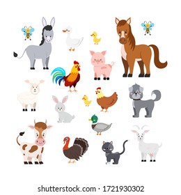 Farm animals set isolated on white background. Cute cartoon character - turkey, sheep, goat, cow, donkey, horse, pig, cat, dog, duck, goose, hen, chicken, rooster, bee. Vector flat design illustration