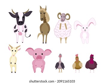 Farm animals set isolated on white background. Cute cartoon character - sheep, cow, horse, pig,  goose, chicken, horse, bunny. Vector flat design illustration