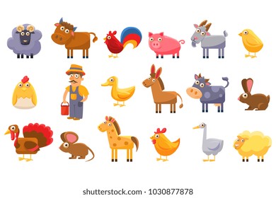 Farm Animals Set, Male Farmer, Livestock And Pets Cartoon Vector Illustrations On A White Background