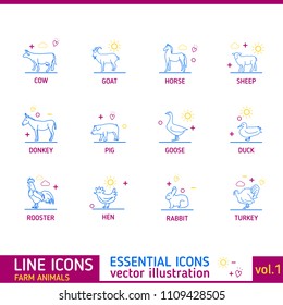 Farm animals - set of modern vector line design icons and pictograms. Pig, goat, horse, sheep, donkey, rooster, goose, rabbit, cow hen turkey duck