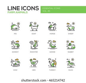 Farm Animals - Set Of Modern Vector Line Design Icons And Pictograms. Pig, Goat, Horse, Sheep, Donkey, Rooster, Goose, Rabbit, Cow Hen Turkey Duck