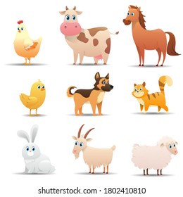 Farm animals set on a white background. Series of different farm animals by color: rooster, chicken, cow, horse, pig, chicken, dog, cat, goose, rabbit, goat, sheep. Vector illustration 