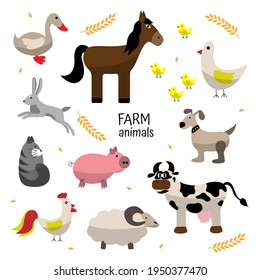 Farm animals set on white background. horse, pig, chicken, rooster, hare, cow, sheep, cat, goose, dog