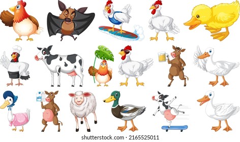 Farm animals set on white background illustration