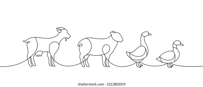 Farm animals set one line continuous drawing. Goat, Sheep, Duck, Goose silhouettes. Farm animals continuous one line illustration.