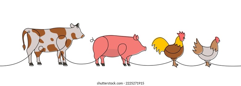 Landwirtschaftliche Tiere setzen eine Linie farbige kontinuierliche Zeichnung. Schweinefleisch, Kuh, Huhn, Silberhäutchen. Nutztiere durchgängig eine farbige Illustration in einer Linie.