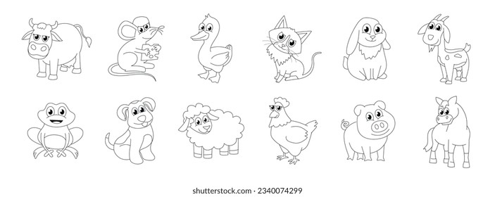 Farm Animals Set. Outline style illustration