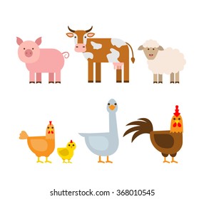 farm animals set. pig cow sheep hen chicken goose rooster isolated on white background