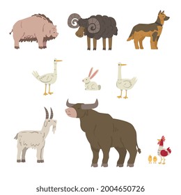 Farm Animals Set, Pig, Sheep, Bull, Goat, Goose, Rabbit Livestock Cartoon Vector Illustration