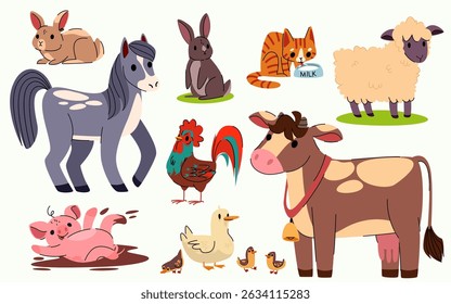 Farm animals set - rabbit and horse, cat and rooster, cow and sheep, duck family and pig. Cute cartoon domestic creatures. Agricultural livestock or pet concept. Cheerful friendly barnyard inhabitants