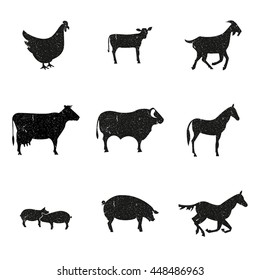 Farm animals, set of silhouette on a white background. Butcher shop design template. Grunge texture