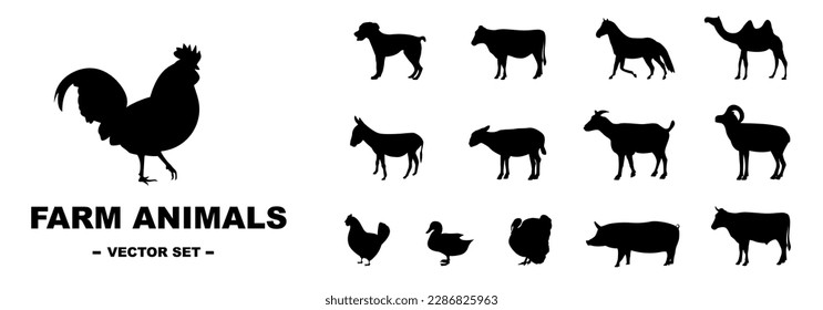 Farm animals. Set of silhouettes. Chicken, pig, sheep, etc. Vector