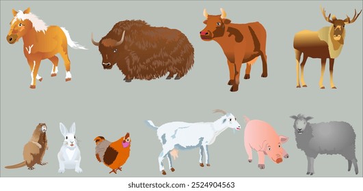 Animais de criação engatados. Dez animais de estilo realista para a agricultura. Ilustração vetorial. 