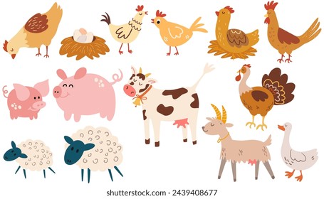 Farm animals set. Variety of funny farm animals in a cartoon flat style. Hand drawn colored trendy Vector illustrations.