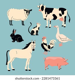 Animales de granja. Colección vectorial de animales y aves en un estilo moderno y plano que incluye caballo, vaca, oveja, cerdo, conejo, ganso y pollo, gato aislado en blanco.