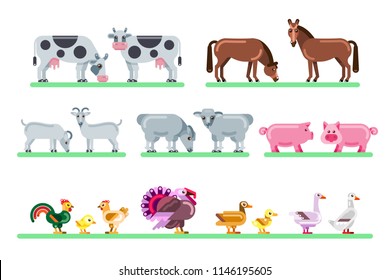 Farm animals set. Vector flat illustration of barnyard. Cute colorful characters isolated on white background.