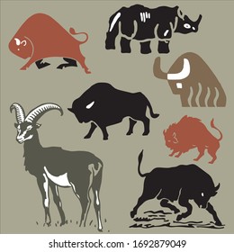 Farm animals set vector illustration, emblem design, for screen printing.