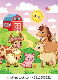 Farm animals set. Vector illustration with farm cute animals in cartoon style.