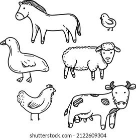 Farm animals set. Vector illustration in doodle style.Image of a cow,sheep,horse,chicken and chicken.