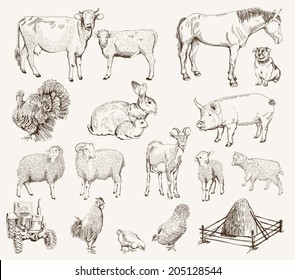 farm animals. set of vector sketches on a white background