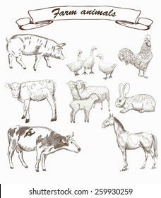 farm animals. set of vector sketches on a white background