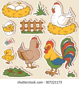 Farm Animals Set, Vector Stickers With Chicken Family And Farm Items