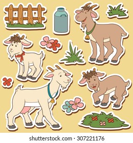 Farm animals set, vector stickers with goat family and farm items