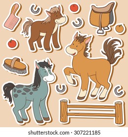 Farm Animals Set, Vector Stickers With Horse Family And Farm Items