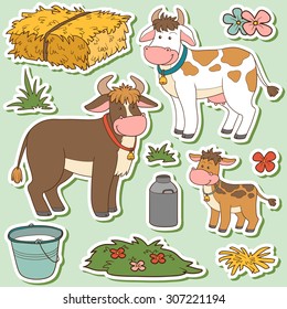 Farm Animals Set, Vector Stickers With Cow Family And Farm Items