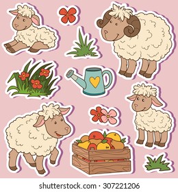 Farm Animals Set, Vector Stickers With Sheep Family And Farm Items