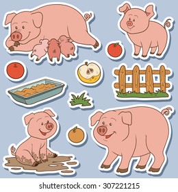 Farm Animals Set, Vector Stickers With Pig Family And Farm Items