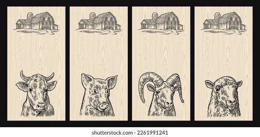 Farm animals set for vertical poster template. Pig, cow, sheep and goat heads isolated on wood textured background. Vector black vintage engraving illustration.