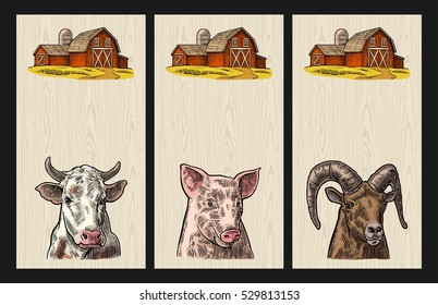 Farm animals set for vertical poster template. Pig, cow and goat heads isolated on wood textured background. Vector color vintage engraving illustration. Hand drawn in a graphic style.