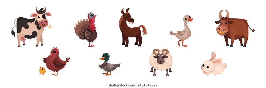 Farm Animals with Sheep, Cow, Poultry and Horse Vector Set