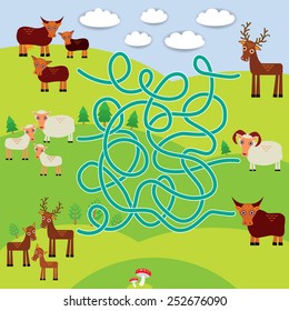 Farm animals - sheep, deer, cow, labyrinth game for Preschool Children. Vector