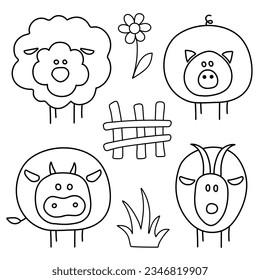 Farm animals: sheep, pig, cow, goat and environmental elements. White icons with black outline. Cartoon vector illustration for coloring book.