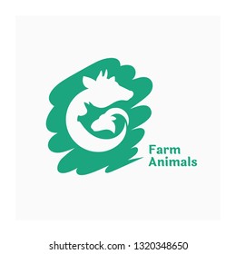 Farm animals sign. Green logo for agricultural animals. Agro company illustration. Design for farm products. Logotype on green spot. Vector illustration of cow, pig and ram